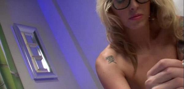  Brainwashed teen blonde with glasses tugs